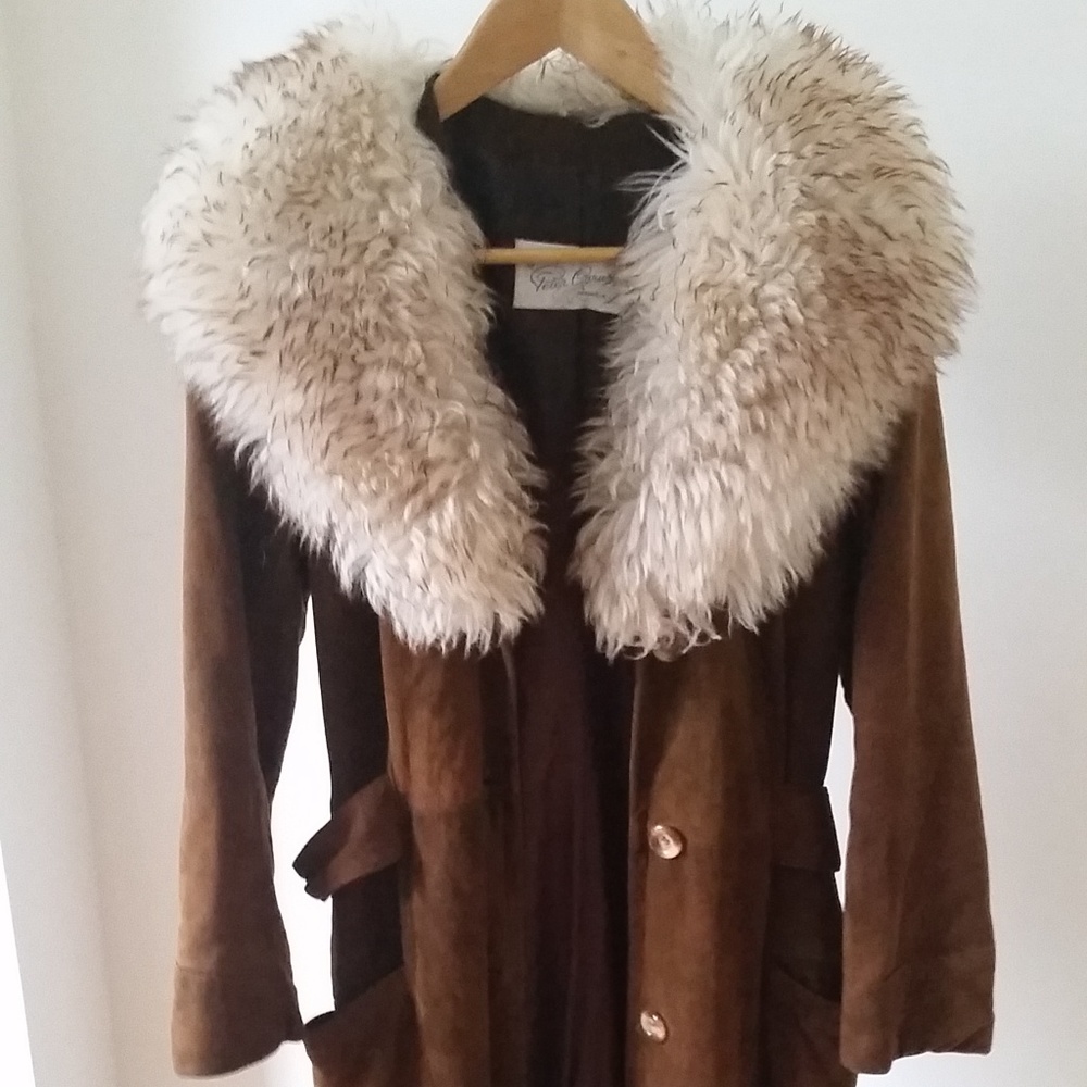 Vintage Brown Suede Coat with Faux Fur collar